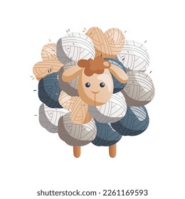 Toy sheep made of balls of wool.   Skein of yarn. Tools and equipment for knitwork, handicraft. Handmade needlework, hobby at home. Knitting studio, workshop advertising. Cartoon vector