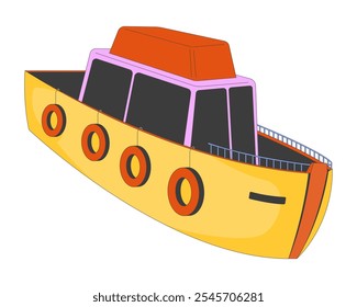 Toy ship 2D cartoon object. Children amusement and development. Sailboat model with lifesavers and capitaine bridge isolated element flat vector clipart on white background. Spot illustration