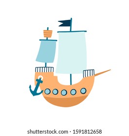 Toy ship flat vector illustration. Children plaything, childhood accessory. Minimalistic sailboat, old fashioned nautical vessel with anchor isolated on white background. Childish t shirt print.