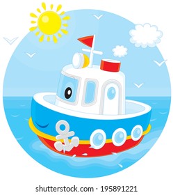 Toy ship floating on blue water