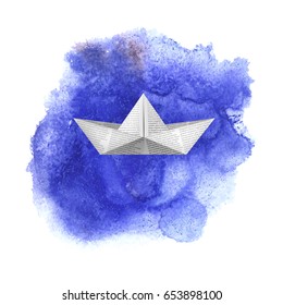 Toy ship on blue watercolored background