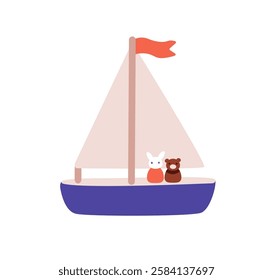 Toy ship with sail and flag. Kids sailboat with cute characters on deck. Marine sea transport, yacht, boat for kindergarten and nursery play. Flat vector illustration isolated on white background