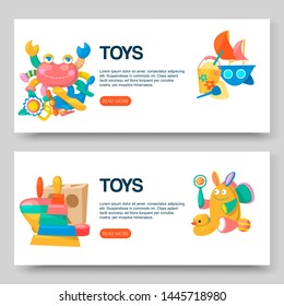 Toy shop for babies banners vector illustration. Cute objects for small children to play with, wooden and plastic toys, animals such as duck, rabbit. Fun and activity.