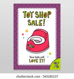 Toy shop bright vector sale flyer design with pink baby potty isolated on white with purple starry pattern background