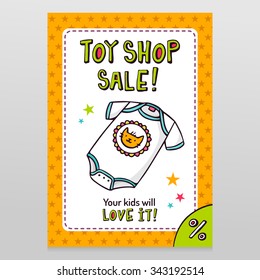 Toy shop bright vector sale flyer design with cute baby bodysuit isolated on white with orange starry pattern background