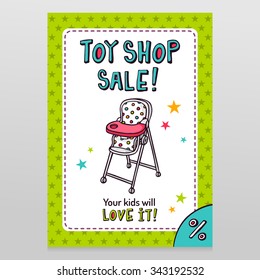 Toy Shop Bright Vector Sale Flyer Design With High Baby Feeding Chair Isolated On White With Green Starry Pattern Background