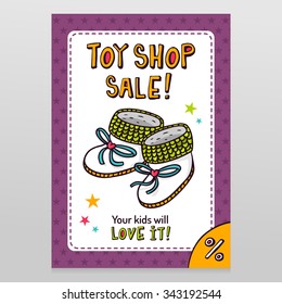 Toy shop bright vector sale flyer design baby booties with isolated on white with purple starry pattern background