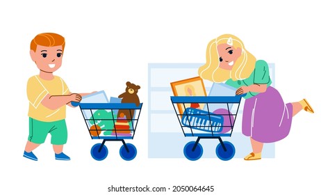 Toy Shop Children Clients Making Purchase Vector. Boy And Girl Kids Buying Doll And Game In Toy Shop. Characters Customers With Market Cart Shopping In Store Flat Cartoon Illustration