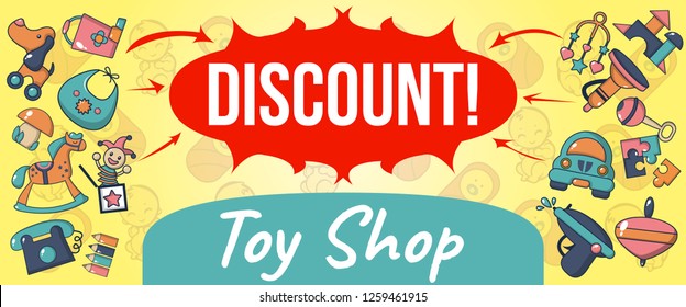 Toy shop discount concept banner. Cartoon banner of toy shop discount vector concept for web, giftcard and postcard