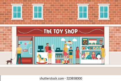 Toy Shop Display With Customers And Children, Toys And Videogames On Shelves