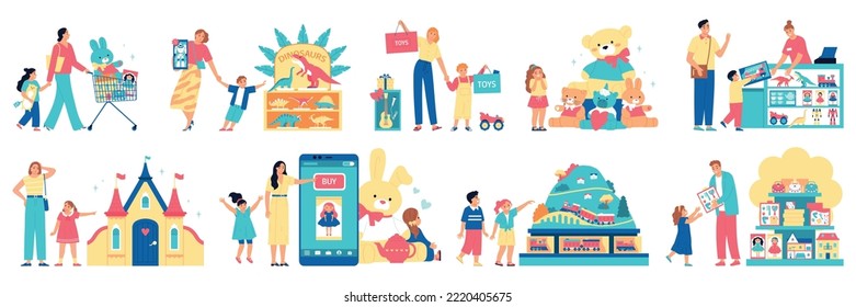Toy shop flat set with happy children and parents making purchases isolated vector illustration