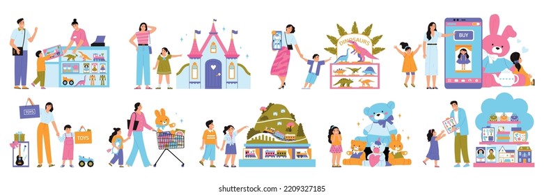 Toy shop flat set with parents and kids in store choosing and buying gifts isolated vector illustration