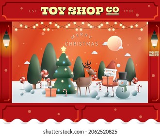 toy shop front Christmas themed window display greetings design template vector, illustration