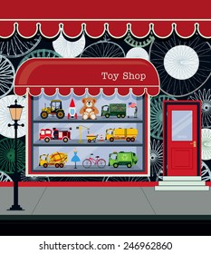 Toy shop fronts along the city streets.