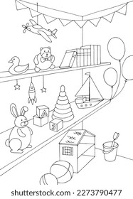 Toy shop gráfico blanco negro de dibujos verticales gráfico vector 