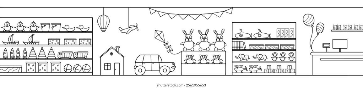 Toy shop graphic black white interior long sketch illustration vector 