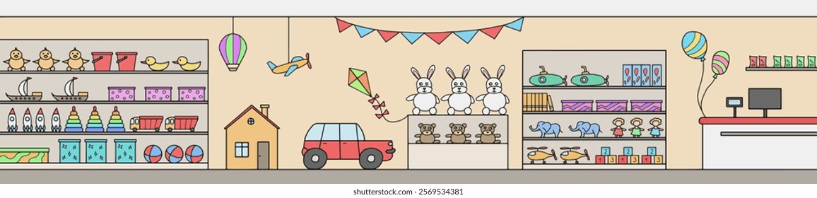 Toy shop graphic color interior long sketch illustration vector 