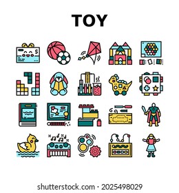 Venta de juguetes Recogida de Iconos Vector Set. Muñeca Y Coche, Juguete Musical Y Educativo, Visera Y Construcción De Rompecabezas, Figuras De Acción Y Pictogramas De Línea De Kits De Diy. Ilustraciones de color de contorno