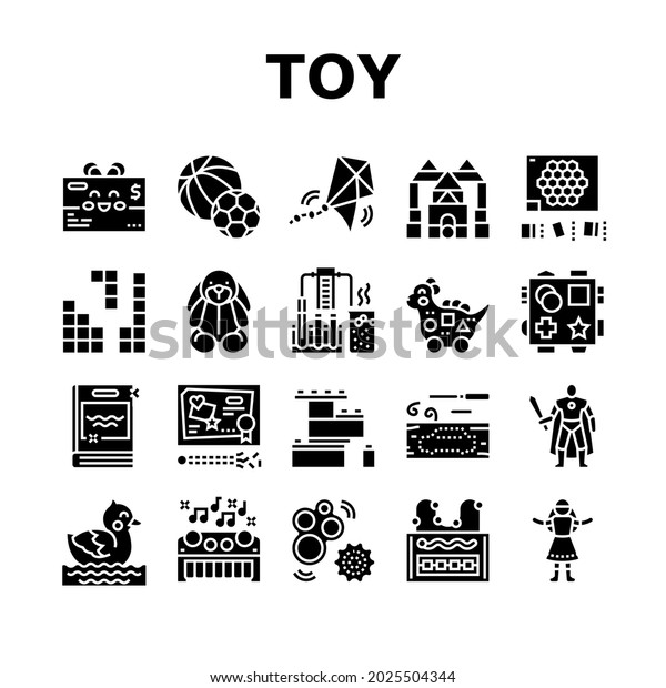 Toy Shop Sale Product Collection Icons Set\
Vector. Doll And Car, Musical And Educational Toy, Puzzle Jigsaw\
And Construction, Action Figures And Diy Kits Glyph Pictograms\
Black Illustrations