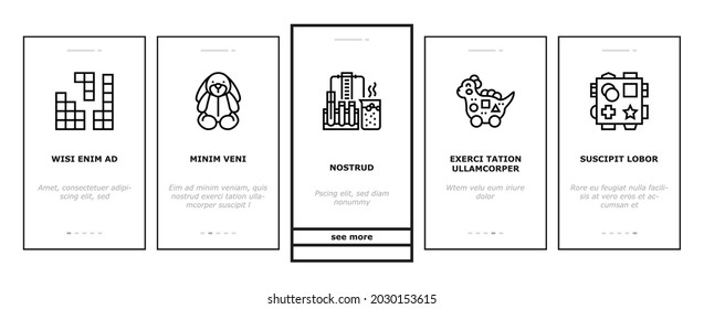 Toy Shop Sale Product Onboarding Mobile App Page Screen Vector. Doll And Car, Musical And Educational Toy, Puzzle Jigsaw And Construction, Action Figures And Diy Kits Illustrations