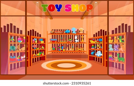 Toy shop with shelves. Showcases with colored dolls for children. Big set in store with educational games for toddlers, drum, cars, teddy bears, dinosaurs and giraffes. Cartoon vector illustration