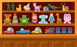 Toy Shop With Shelves Of Toys. Big Set Of Colorful Toys For Children. Soft Toys, Bear, Bunny, Giraffe, Logical Toys, Toy Soldiers, Rocket, Cars, Steam Locomotive, Balls. Cartoon Vector Illustration.