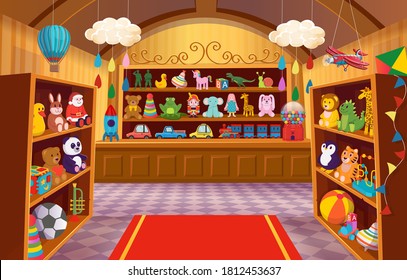 Toy shop with shelves of toys. Big set of colorful toys for children. soft toys, bear, bunny, giraffe, logical toys, toy soldiers, rocket, cars, steam locomotive, balls. Cartoon vector illustration.