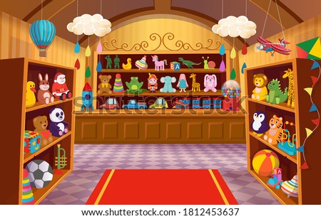 Toy shop with shelves of toys. Big set of colorful toys for children. soft toys, bear, bunny, giraffe, logical toys, toy soldiers, rocket, cars, steam locomotive, balls. Cartoon vector illustration.