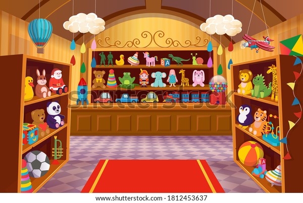 Toy shop with shelves of toys. Big set of\
colorful toys for children. soft toys, bear, bunny, giraffe,\
logical toys, toy soldiers, rocket, cars, steam locomotive, balls.\
Cartoon vector\
illustration.