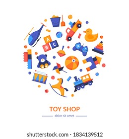 Toy shop - vector flat design style banner on white background with copy space for text. Colorful objects in a round. Ball, gamepad, pyramid, abc block. Activities, leisure games for children