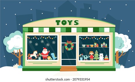 Toy Shop Window With Christmas Decoration. Christmas Shop. Childrens Toys On The Shop Window. Doll, Teddy Bear, Car, Steam, Pyramid, Ball, Dino.Toy Shop Front. Vector Illustration In Flat Style. 