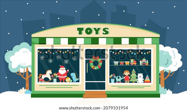 Toy shop window with Christmas decoration. Christmas\
shop. Childrens toys on the shop window. Doll, teddy bear, car,\
steam, pyramid, ball, dino.Toy shop front. Vector illustration in\
flat style. 