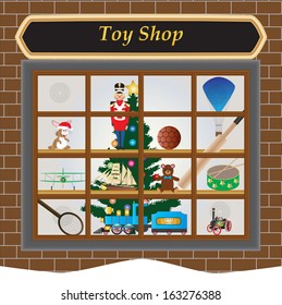 A Toy Shop Window at Christmas with Toy Train,Soldier,Drum,Airplane,Football,Ship,Teddy Bear,Rabbit,Cricket Bat,Tennis Raquet and Christmas Tree