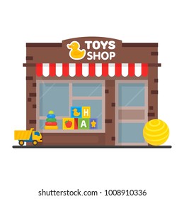 Toy shop window display, exterior building, kids toys vector illustration.