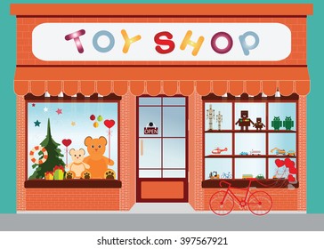 Toy Shop Window Display, Exterior Building, Kids Toys Vector Illustration.