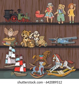 Toy shops, set of children's toys, hand drawn, graphics for kids, vector illustration