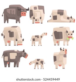 Toy Simple Geometric Farm Cows Standing And Laying While Browsing Set Of Funny Animals Vector Illustrations.