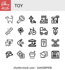 juegos de iconos sencillos de juguete. Contiene íconos como Cuna, Perro, Ganado, Cometa, Castillo de Arena, Scratching post, Dominoes, PinWheel, Triccle, Tren de Juguetes, puede ser usado para web, móvil y logo