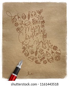 Toy socks lettering merry christmas and happy new year drawing with pen line on craft background
