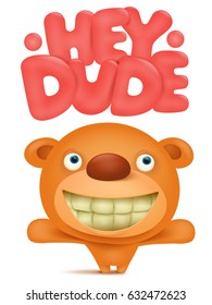 Toy soft teddy bear cartoon character with hey dude title. Vector illustration