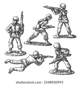 soldado de brinquedo definir desenhado à mão. chumbo miniatura, exército de plástico, figurino militar brinquedo soldado vetor esboço. ilustração preta isolada