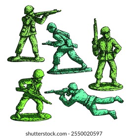 toy soldier set hand drawn. miniature lead, plastic army, military figurine toy soldier vector sketch. isolated color illustration