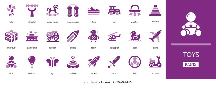Toy solid icon set featuring kids’ play items, blocks, games, stuffed figures, learning toys, fun elements, and child-friendly symbols for creative and educational projects.
