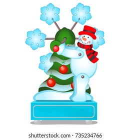 Toy or souvenir in the form of an animated snowman, rotating snowflakes, isolated on white background. Sample of holiday poster, card, party invitation. Vector cartoon close-up illustration.