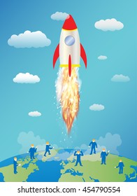 toy space rocket launching and mini worker on earth