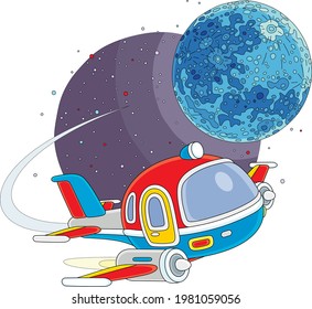 Toy spaceship flying around a small planet in space flight, vector cartoon illustration on a white background