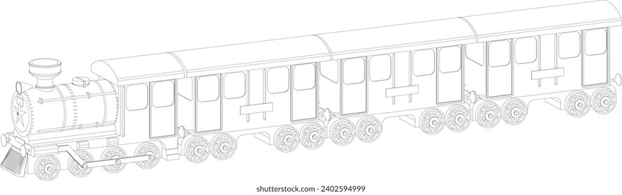a toy steam locomotive and three carriages