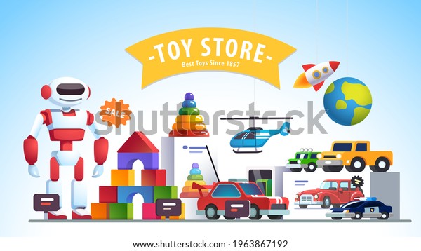 Toy store assortment in showcase window.\
Robot, cars, pyramid, helicopter, rocket, blocks. Colourful shop\
display decoration. Сhildren goods market sale. Flat vector\
isolated illustration