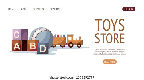 Toy store banner template. Advertising banner with wooden toy train, ball, cube block. Vector illustration for web banner, landing page