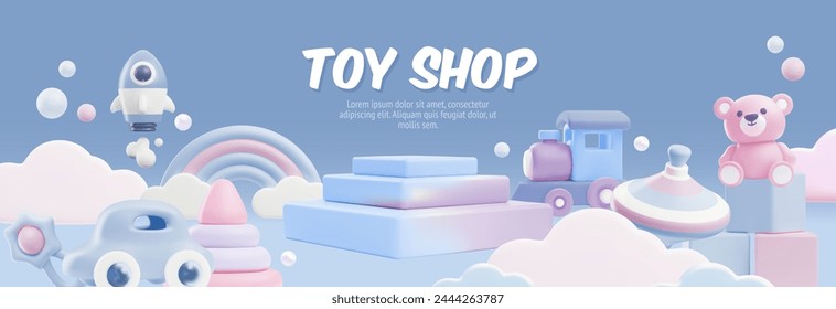 Toy store banner. Vector 3D illustration with a collection of children's toys including a steam locomotive, a rocket and a car on a blue background. Ideal for cards and invitations.